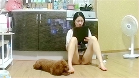Single white-collar young woman without interior clothes make-up cute dog steals the spotlight
